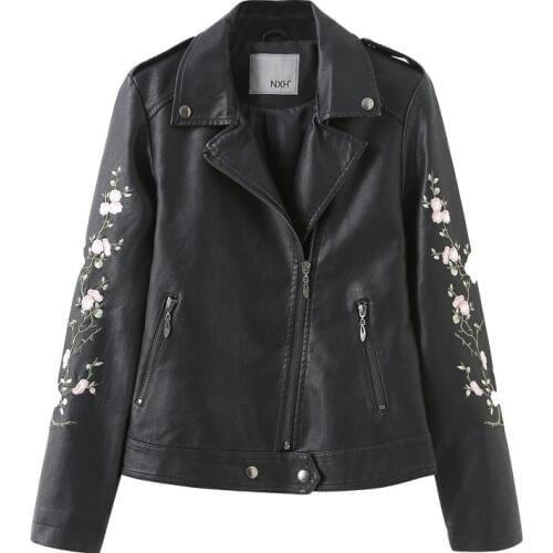 2019 New Spring Autumn Leather Jacket Women PU Leather Short Coat Long sleeve Embroidery Motorcycle Outerwear Girl Fashion A2946