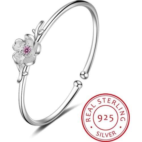 925 Sterling Silver Plum Flower Open Bracelets & Bangles High Quality Elegant Lady Sterling-silver-jewelry Pulseira Feminina