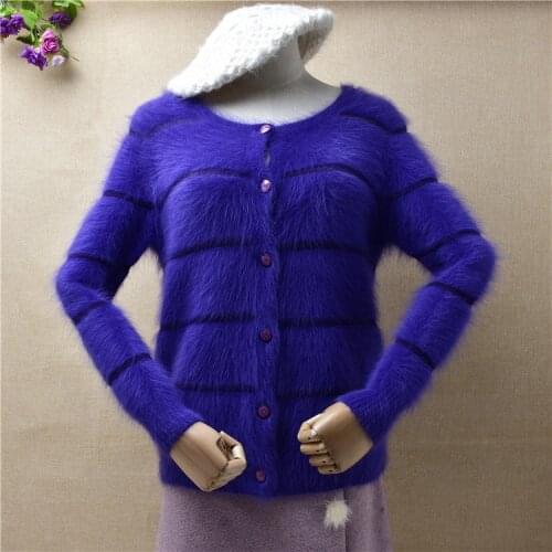 Ladies women fashion blue hairy plush mink cashmere knitted short striped cardigan angora fur winter jacket coat sweater pull