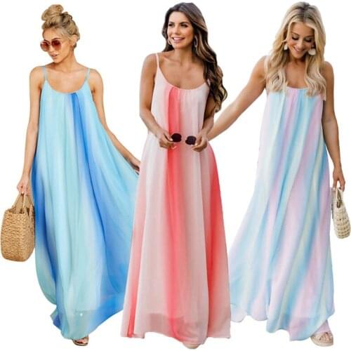 Echoine Summer Long Maxi Dress Rainbow Colorful Striped Print Elegant Vintage Beach Dresses Robe Bohemian Vestidos Sundress