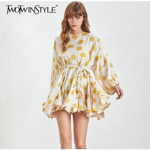 TWOTWINSTYLE Hit Color Print Dresses Women Long Sleeve O Neck High Waist Lace Up Female Dress Spring Casual Fashion 2020 Tide