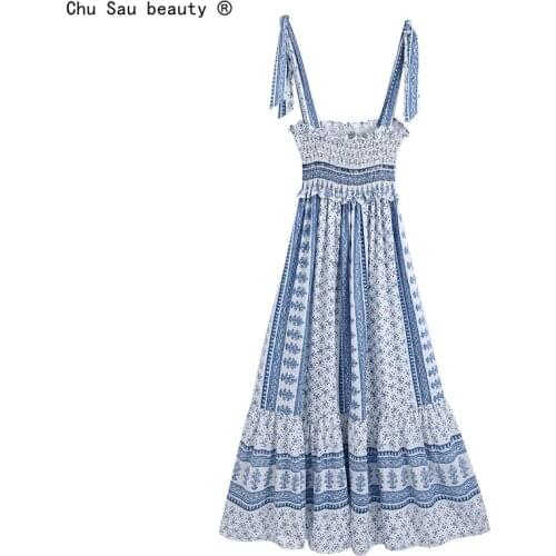 2021 Summer New Camisole Lace-Up Folds Print Elastic Waist Sexy Slim Ankle Length Dress For Women Vintage Elegant