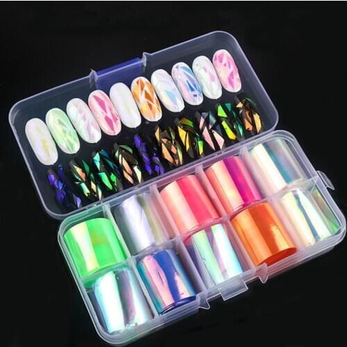 10Colors/Kit 4*80cm sparkly Nail Foils Stickers Nail Transfer Sticker Laser Rose Gold Champagne Nails Stickers Decor Nail Supply