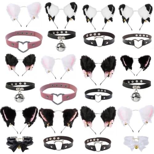 12 Colors Halloween Plush Furry Cat Ear Headband And Heart Choker Bell Necklace Set Cosplay Props Hair Accessory Anime Headwear