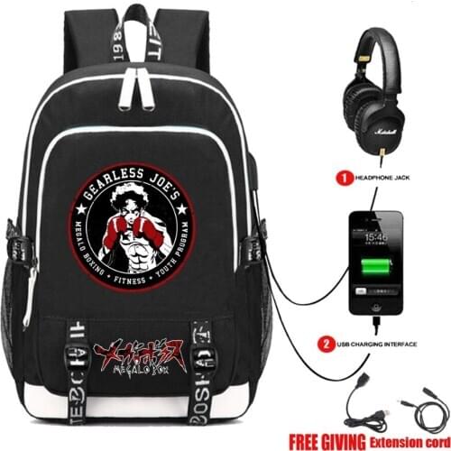 2020 anime Megalo Box backpack USB Charging Headphone Jack student book Bags teenagers Men women backpack travel bag 6 style