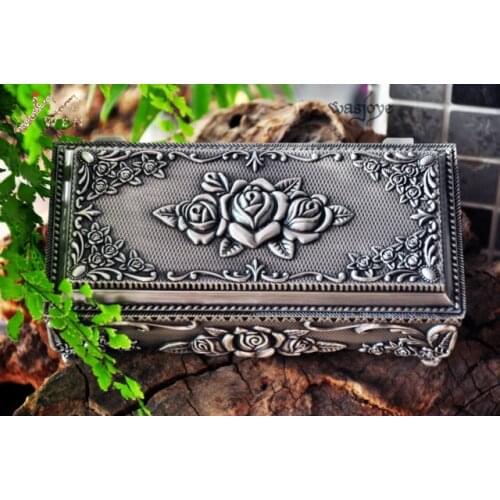 Free shipping big size 7" Metal jewelry box/ trinket box/hot-sellig gift box/ Pewter plated rose design jewelry box