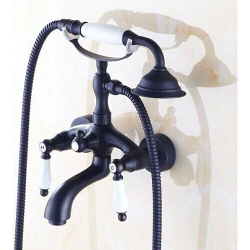 Black Oil Rubbed Brass Double Ceramic Handles Wall Mounted Claw Foot Bathroom Tub Faucet Mixer Tap With Handshower mtf551