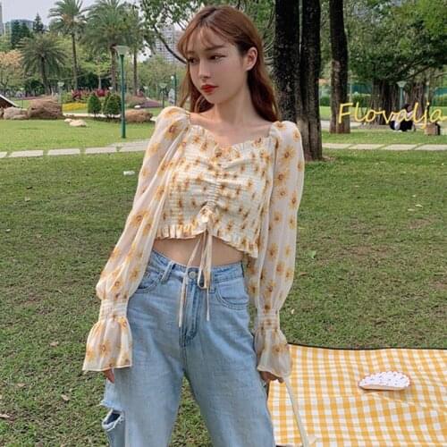 Floral Print Blouses Chiffon Shirt Women Long Sleeve Pleated Ruffle Short Blouse Tops Female Short Blusas