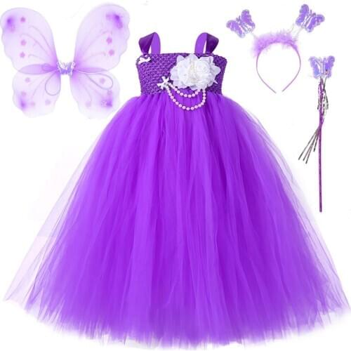 Purple Flower Girl Long Dresses for Teenage Girls Clothing Costumes Kids Fairy Tutu Dress with Wings Set Children Floor Clothes