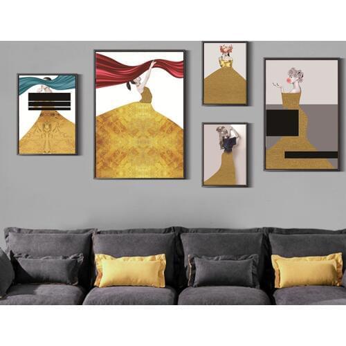 Elegant Poetry Yellow Dress Women Fashion Abstract Portrait Canvas Painting Art Prints Posters Picture Decoration Modern Home