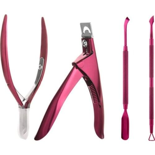4 Pcs/Set Nail Tools Dead Skin Pushers Rose Red Cuticle Nippers Scissors Stainless Steel Nail Art Manicure Accessory