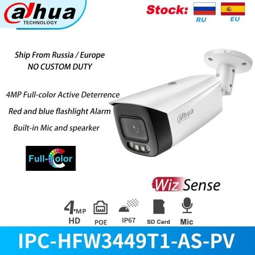 Dahua IP Camera 4MP Full-color Bullet PoE IPC-HFW3449T1-AS-PV Active Deterrence WizSense Audio&Alarm I/O Built-in Mic&Speaker
