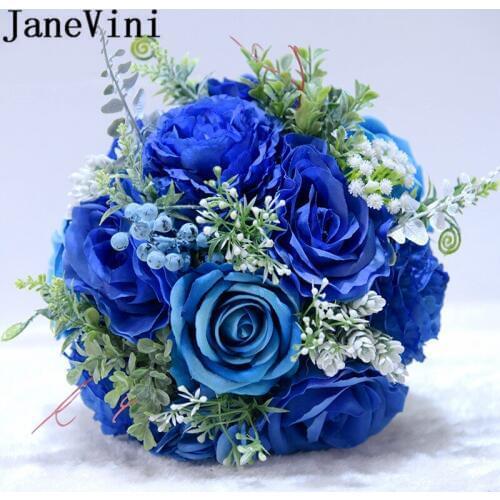 JaneVini Royal Blue Bride Wedding Flowers Peony Lace Ribbon Red Bridal Brooch Bouquet Calla Lily Wedding Bouquet Silk Boutonnier