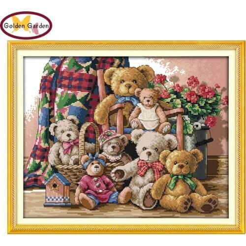 GG Bear Family Cartoon Cross Stitch Painting Counted Printed on Canvas Embroidery Kit Chinese Cross Stitch Set for Home Decor
