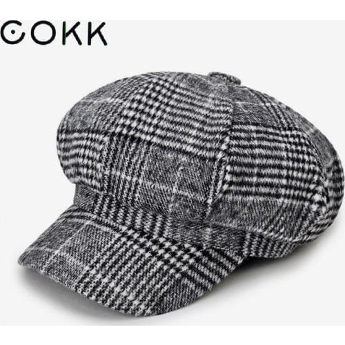 COKK Newsboy Cap Plaid Octagonal Hats For Women Men Classic Vintage Beret Autumn Winter Hats For Ladies Girl Beret Hat Female