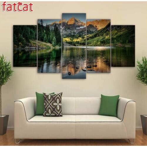 FATCAT 5 Panel Nature landscape lake mountains Diy Diamond Painting Full Square Round Drill Diamond Embroidery Sale Decor AE923