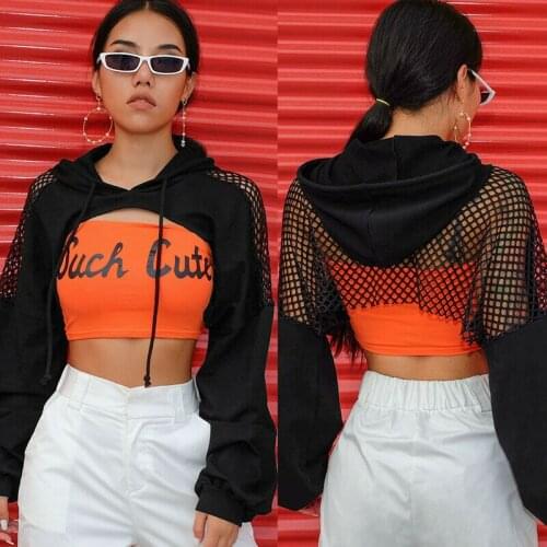 2020 Newest Hot Womens Sexy Black Cut Front Tops Ladies Party Club Long Sleeve Sexy Mesh Fish Net Hooded Sweatshirt Crop Tops