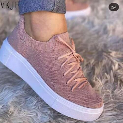 2021 Spring and Autumn New Thick-soled Mid-heel Round Toe Lace-up Casual Shoes Womens Large Size Elastic Sports Shoe