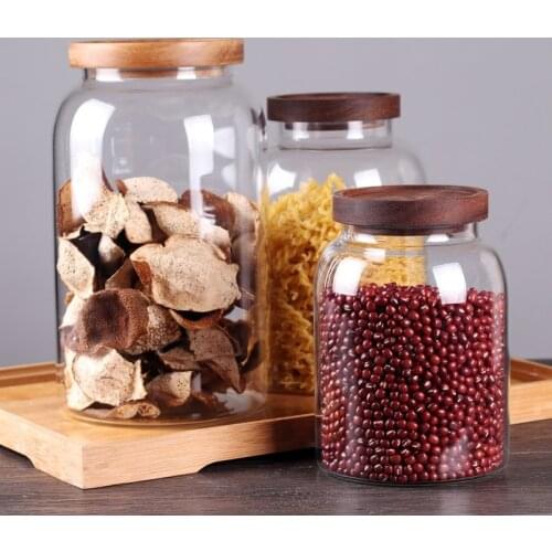 Food Container Storage Jar Spices Glass Transparent Container Glass Jars with Wood Lids Cookie Organizer Kitchen Storage Tank