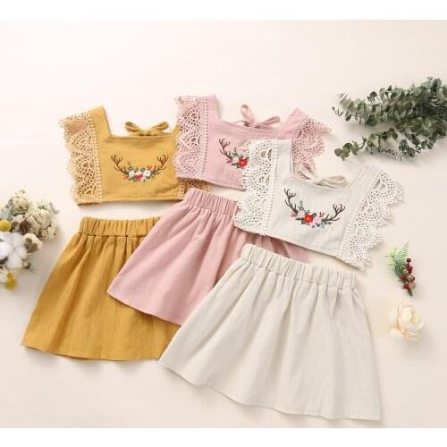 Casual Girls Summer Sleeveless Ruched Embroidery Flower Tops T-shirts Solid Skirt Toddler Kids Baby Clothes Sets 2pcs 6M-3Y