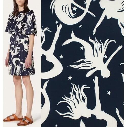 Mermaid On Deep Blue Digital Printing Satin Fabric For Dress Tissus Au MÈTre Telas Por Metro Ткань Для Шитья Sewing Tissu Tela