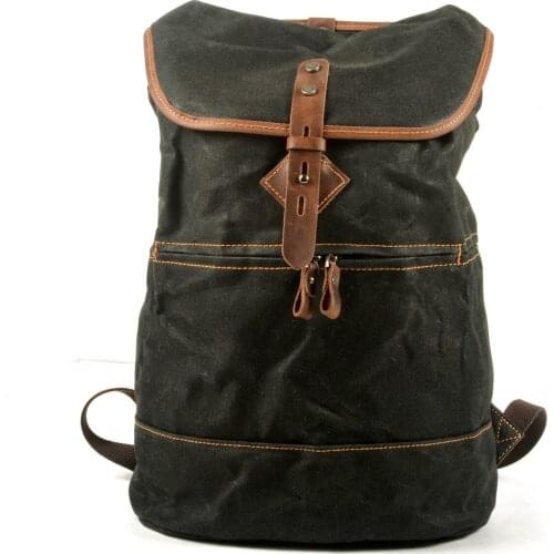 VZVA Black Backpack Men Waxed Canvas Bag Drawstring Backpack Waterproof Vintage Bags Rucksack School Mochila Laptop Bag
