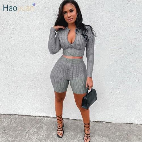 HAOYUAN Sexy Two Piece Set Long Sleeve Crop Top Biker Shorts for Women Summer Fitness Tracksuit Outfits Loungewear Matching Sets