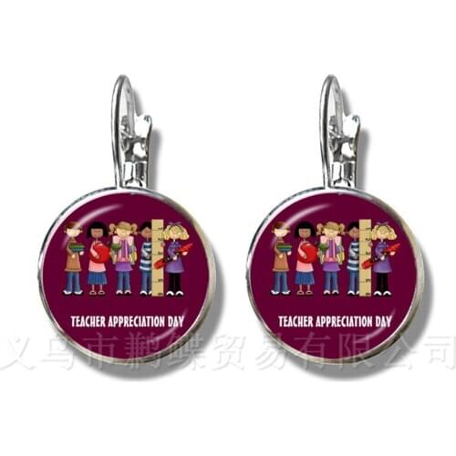 Fashion Thank You Teacher Earrings Red Heart Pattern Glass Silver Plated Stud Earrings Merci Maitresse Women Girls Gifts