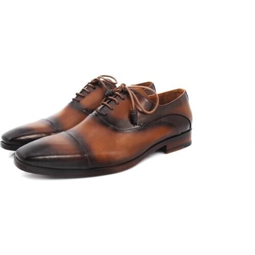 SHENBINs Cap Toe Spectator Oxfords, Patina Camel/Brown, Genuine Leather Soles, Shenbins Handmade Formal Shoes
