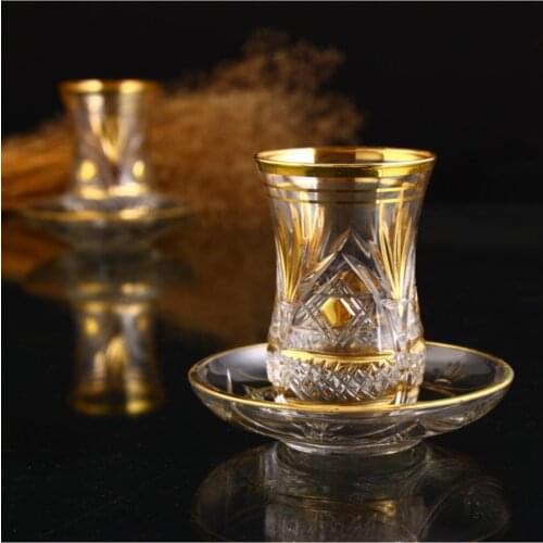 Turkish Tea Cup Gold Glitter Embroidered Cutout Crystal Looking Turkish Arabic Russian British Fas French Tea Cup set Flat Handleless