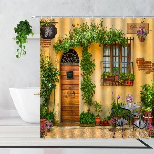 Retro Door Window Garden Shower Curtain Flowers Plants Street Scenery Bathroom Decor Waterproof Bath Curtains Fabric With Hooks