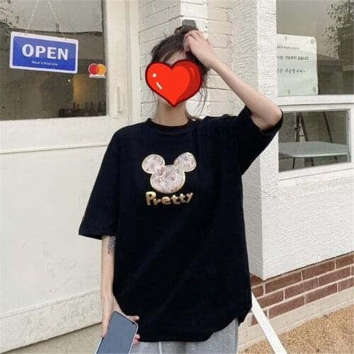Disney T Shirt Women Mickey Mouse Tees Cartoon Loose Short-sleeved T-shirt Cute Shirt O Neck Top Harajuku Ladies Clothing Femme
