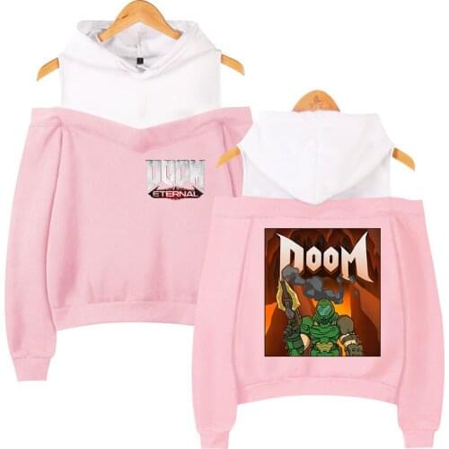Doom Eternal Off-the-shoulder Hoodie Sexy Girls Hoodies Doom Eternal Shoulder Popular Sweatshirt Pink Top Fashion Women Clothes