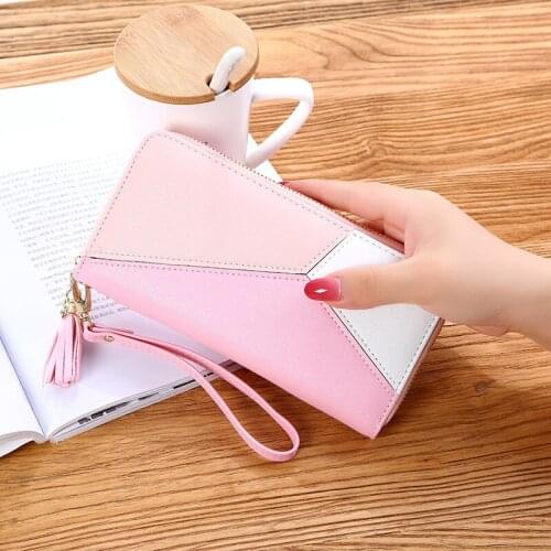 Women Long Wallets Geometric Money Bag Phone Pocket Zipper Tassel Wristband Patchwork Card Holder Large Capacity Coin Purse