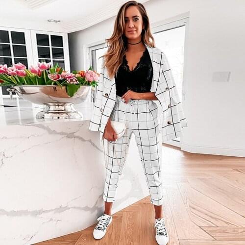 Two Piece Autumn Winter Plaid Double Breasted Jacket Womens 2021 Suit Casual Office Dress Elegant Trousers Casual Solid Color