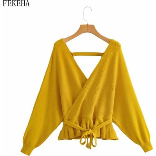 Autumn Pullover Sweater Women Deep V Neck Sexy Knitwear Lady Jumper Batwing Sleeve Yellow Knitted Tops Female Clothes