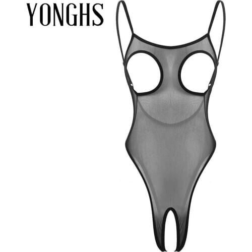 Womens Erotic Lingerie Bodysuit See Through Sheer Mesh Breast Hollow Out Backless Crotchless Thong Leotard Bodysuit Nightwear
