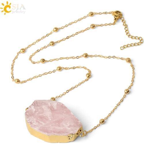 CSJA Natural Stone Pink Quartz Necklace Gold Color Double Buckle Thin Chain Irregular Crystal Pendant Healing Women Jewelry G494