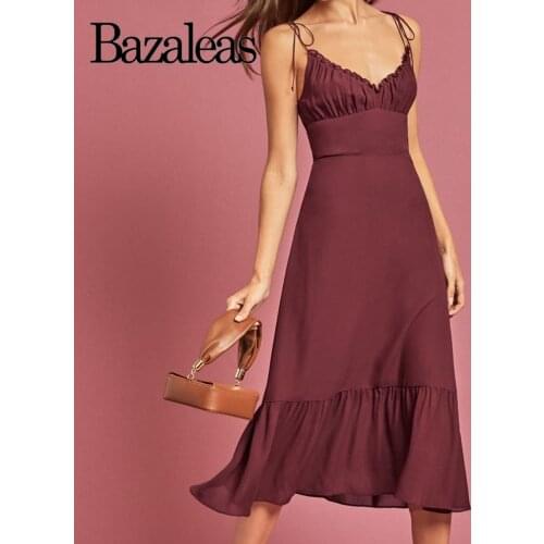 Bazaleas Elegant MIdi Dress Vintage Adjust Spaghetti Strap Summer Dress Slim Vestidos Vintage Ruffles Fashion Beach Dress