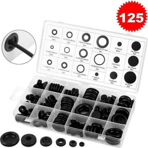 125pcs Rubber Grommets Blind Body Plugs Set Wire Protective Coil Outgoing Ring Assortment Sizes With Plastic Box