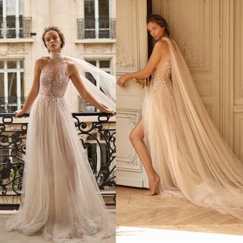2020 Wedding Dresses Sleeveless Lace Appliques Beads Bridal Gowns Sweep Train Beach A-Line Wedding Dress