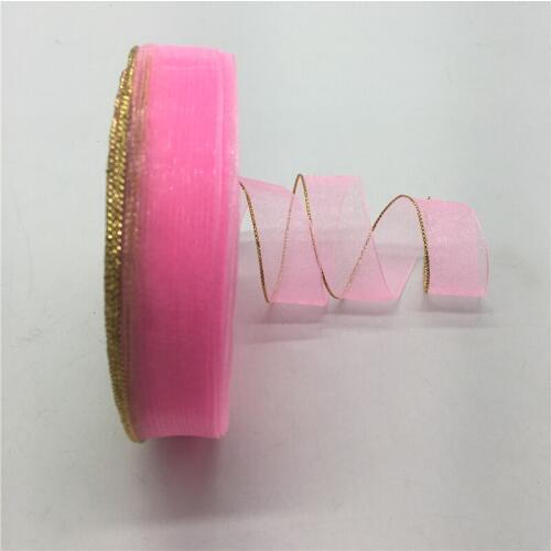 5yards/lot 3/4" 20mm Pink Glitter Golden Rimmed Organza Ribbon Bow Hair Wedding Christmas Decoration DIY Lace Crafts