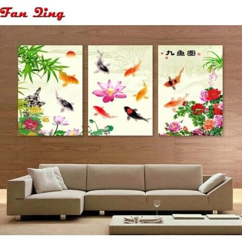 Diamond Painting Peony Lotus Nine Fish Pictures Diamond embroidery 5d diy full square/Round mosaic Cross stitch of rhinestones