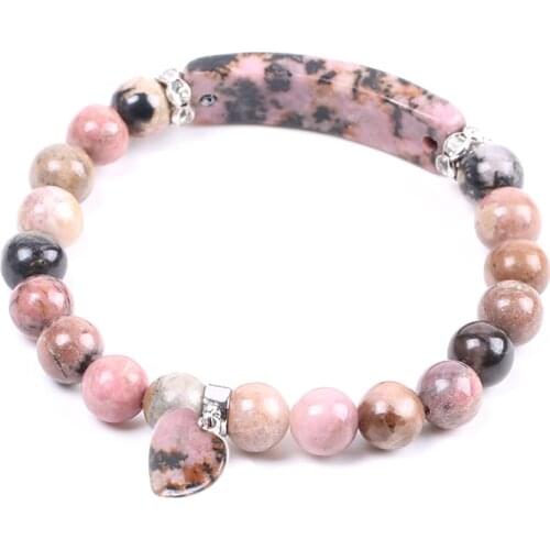 CSJA Pink Black Line Rhodonite Bracelet Natural Stone Beads Bracelets Round Crystal Quartz Heart Bangle Protective Energy F104