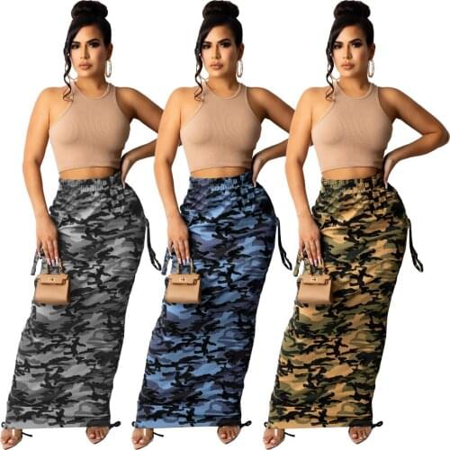High Waist Camouflage Long Skirt Drawstring Tight Streetwear Bottom Casual Straight Ankle-length Skirts 2021 Autumn Clothes