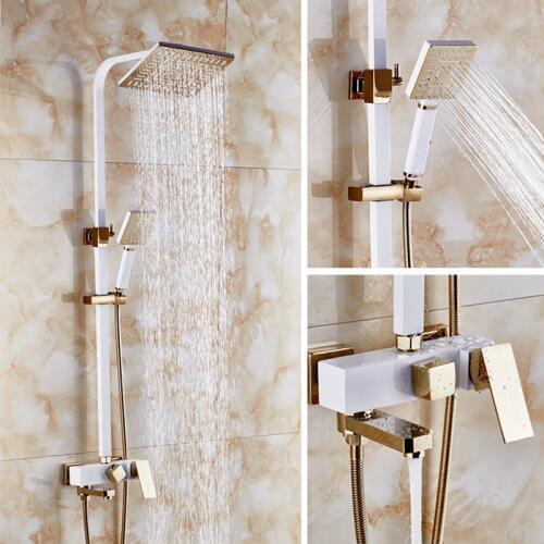 Dofaso vintage ivory white gold bath shower faucets square tube shower set Luxury Wall Mounted bathroom Rain Shower faucets Set