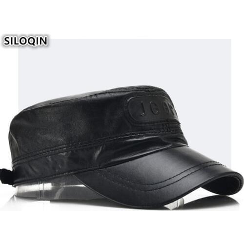 SILOQIN Old Men Hats Sheepskin Leather Cap Army Military Hat Mens Flat Caps Genuine Leather Cap Men Fashion Brands Cap