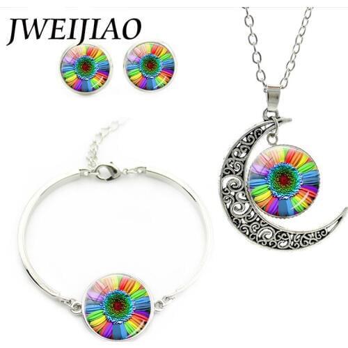 JWEIJIAO Fashion Jewelry Sets Colorful Sunflower Stud Earrings/Brecelet/Moon Pendant Necklace Flower Glass Dome Women Gift B327