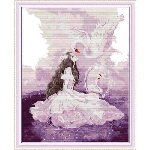Beauty and Swan Decor Painting DMC Cross Stitch Kits Sets for Embroidery Kit 14CT Printed Canvas White Cloth DIY for Needlework