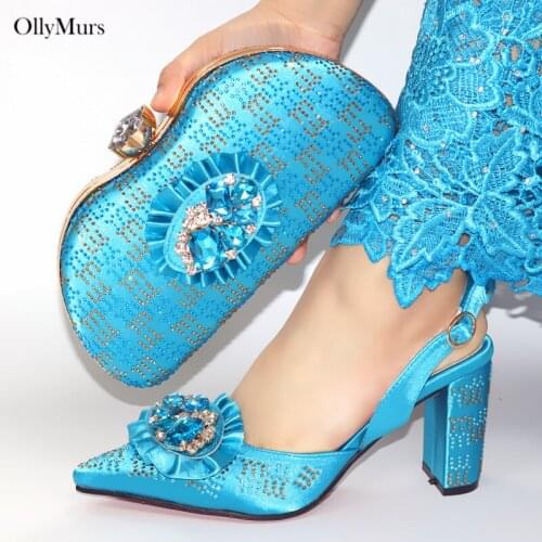 New Arrival PU With Nice Rhinestone Shoes And Bags Set Summer Style Fashion Woman Middle Heels Shoes And Bag For Party On Stock